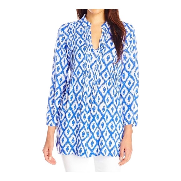 Lilly Pulitzer Sarasota Tunic Top Blue White Ikat Print 3/4 Sleeve Women Size XS - Picture 1 of 13